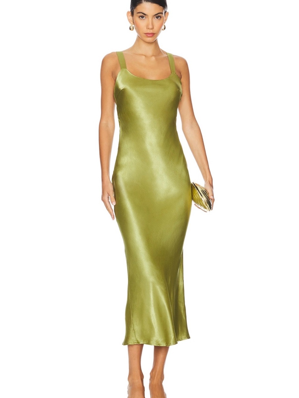 Satin Slip Midi Dress in Olive